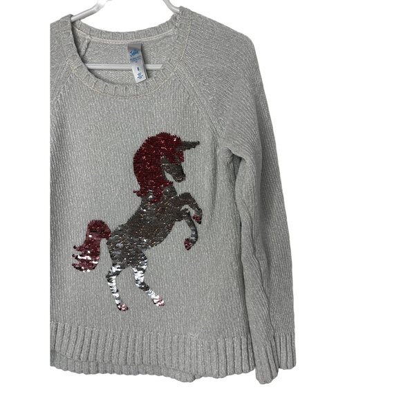 Justice Girls 8 Unicorn Sweater Flip Sequin Metallic Knit Gray Top - Picture 4 of 13